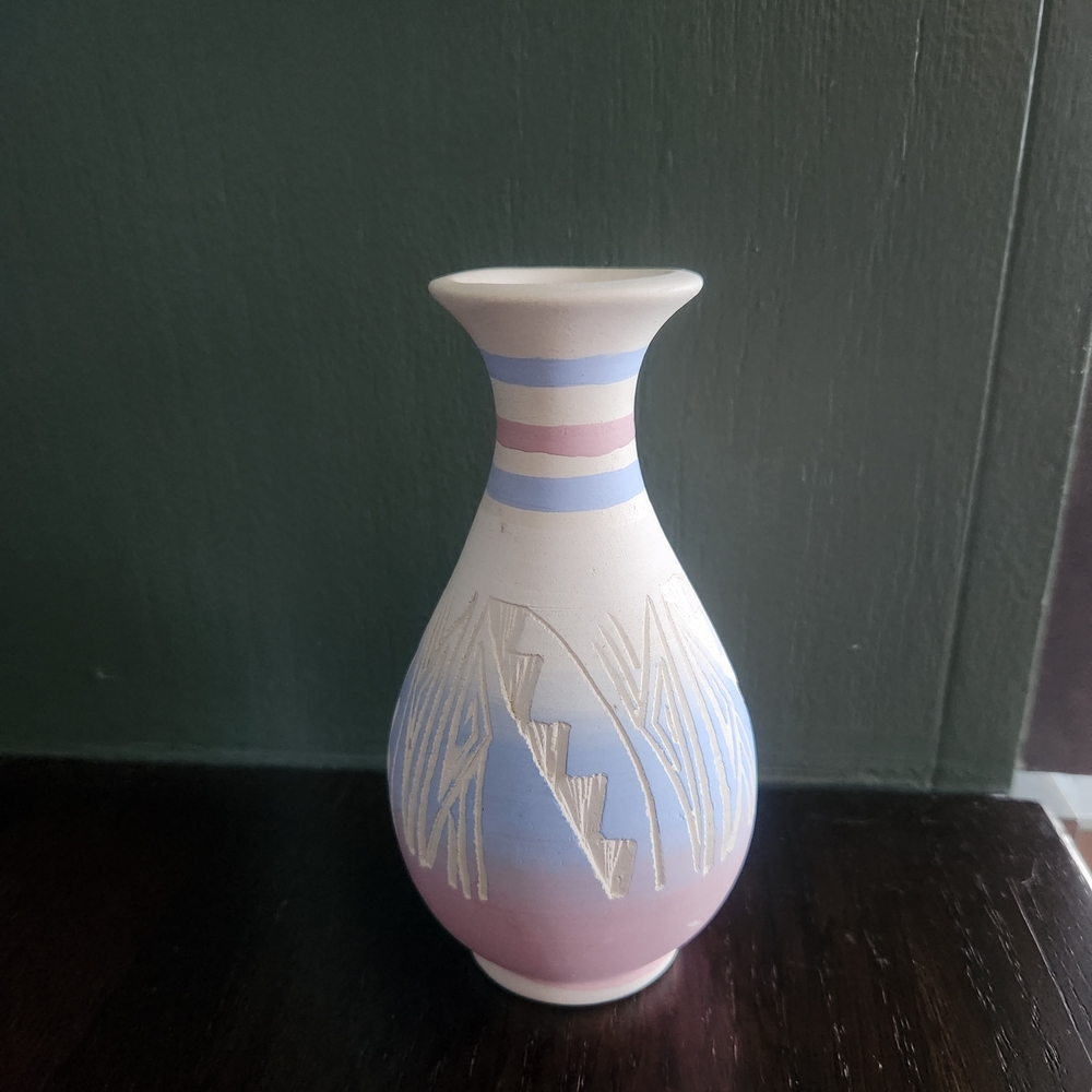 Vintage Navajo Stamped Pastel Ceramic Vase with Geometric Design